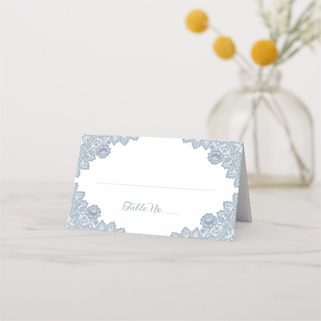 Carte De Placement Élégant Rustique Dusty Blue Floral Mariage dentell (Devant)