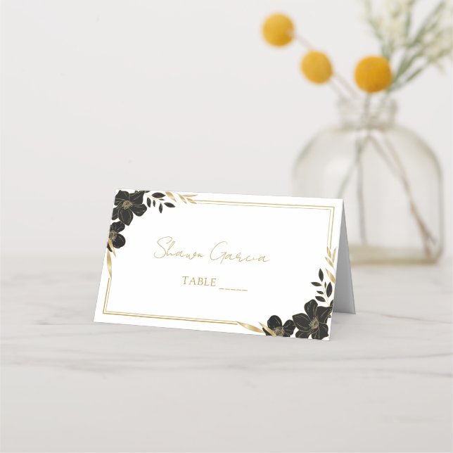 Carte De Placement Élégant Script noir & or Floral Mariage blanc (Devant)