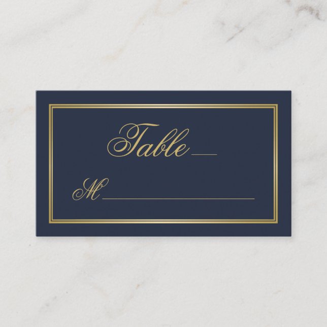 Carte De Placement Élégant script or Calligraphie Marine Mariage bleu (Devant)