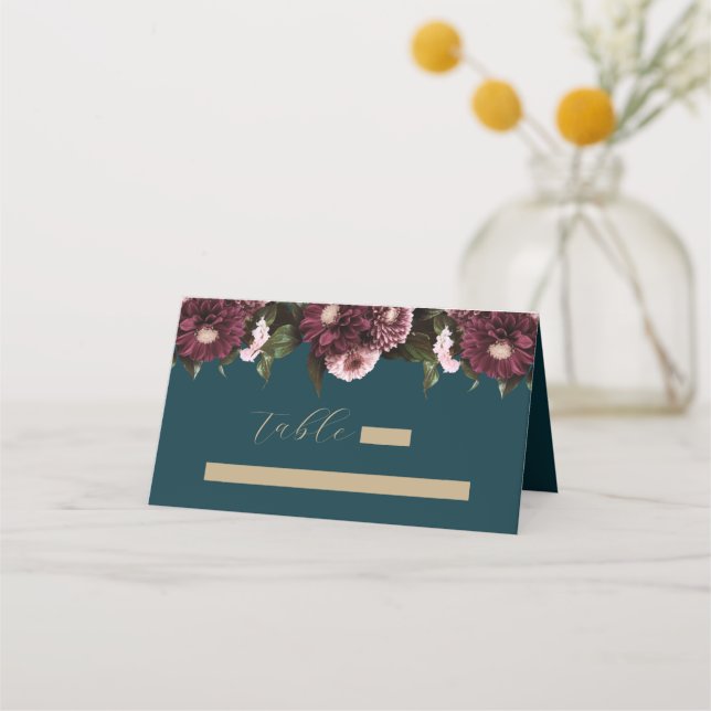 Carte De Placement Élégant Turquoise foncé Bourgogne Floral Mariage (Devant)