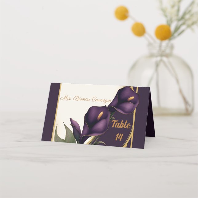 Carte De Placement Élégant violet violet et or Calla Lily Mariage (Devant)
