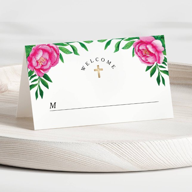 Carte De Placement Elégante aquarelle florale pivoines Première commu (Elegant Watercolor Floral Peonies First Communion Place Card)