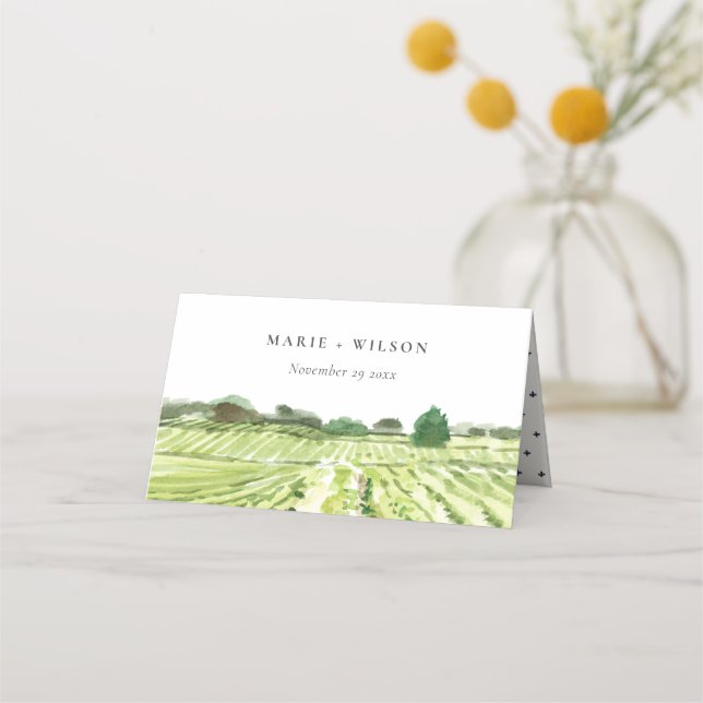 Carte De Placement Elégante aquarelle Green Winery Vignoble Mariage (Devant)