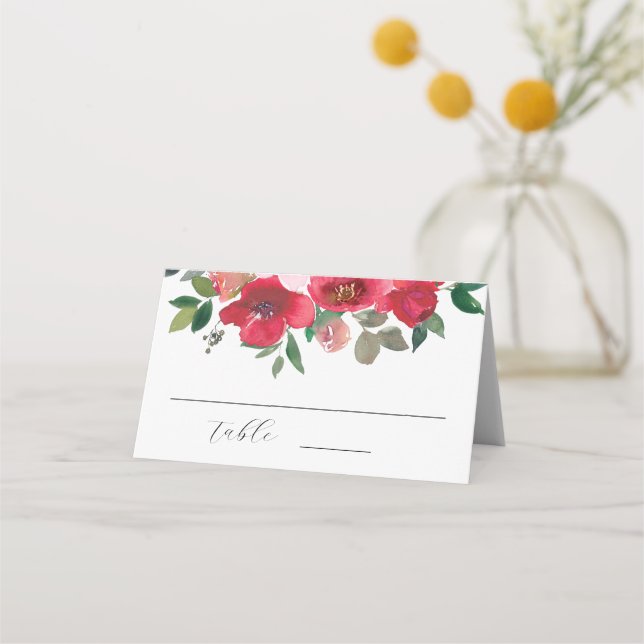 Carte De Placement Elégante aquarelle rose rouge Mariage floral (Devant)