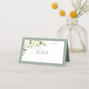 Carte De Placement Elégante Aquarelle verte gris blanc Floral