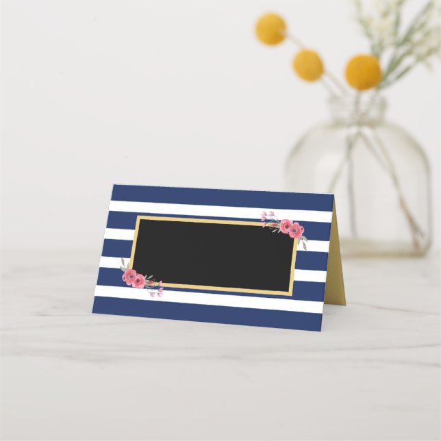 Carte De Placement Elégante bande Bleue Chic avec Fleurs Aquarelles (Devant)