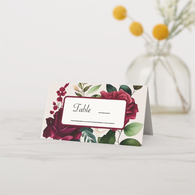 Carte De Placement Elégante crème verte Burgandy Floral (Devant)