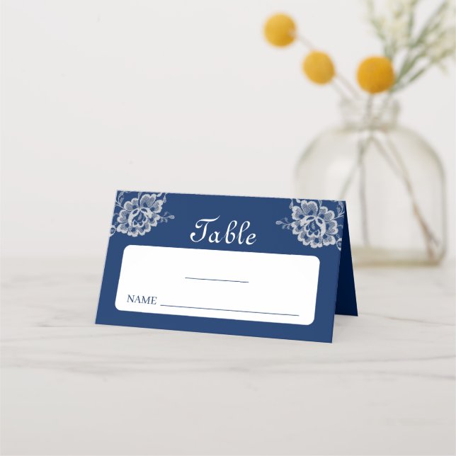 Carte De Placement Elégante dentelle florale sur Mariage bleu marine (Devant)