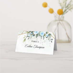 Carte De Placement Elégante fleurs bleu clair eucalyptus et or