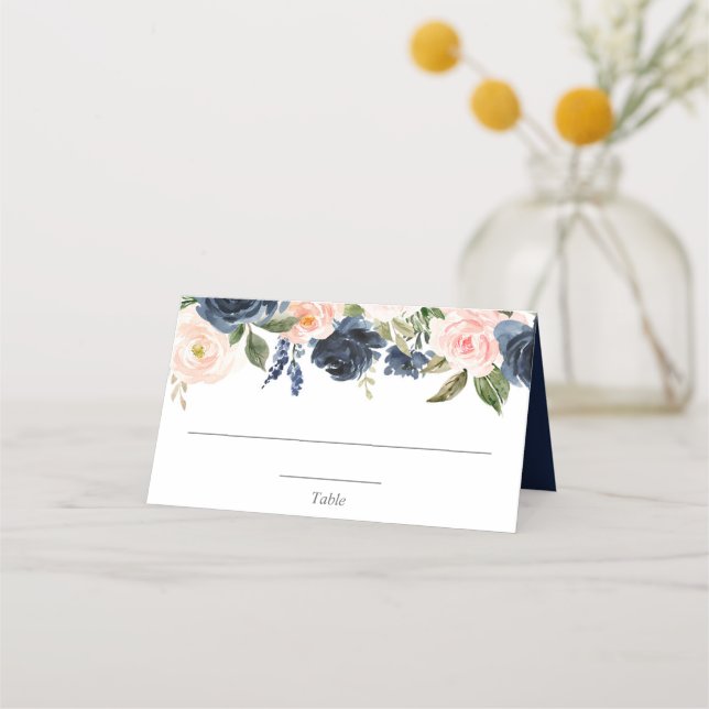 Carte de placement élégante fleurs rose navy bleu (Devant)