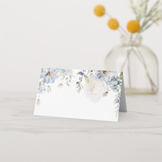 Carte De Placement Elégante Hydrangée Bleue & Mariage Rose (Devant)