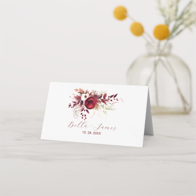 Carte De Placement Elégante Marsala Rouge Floral Mariage Carte Place (Dos)