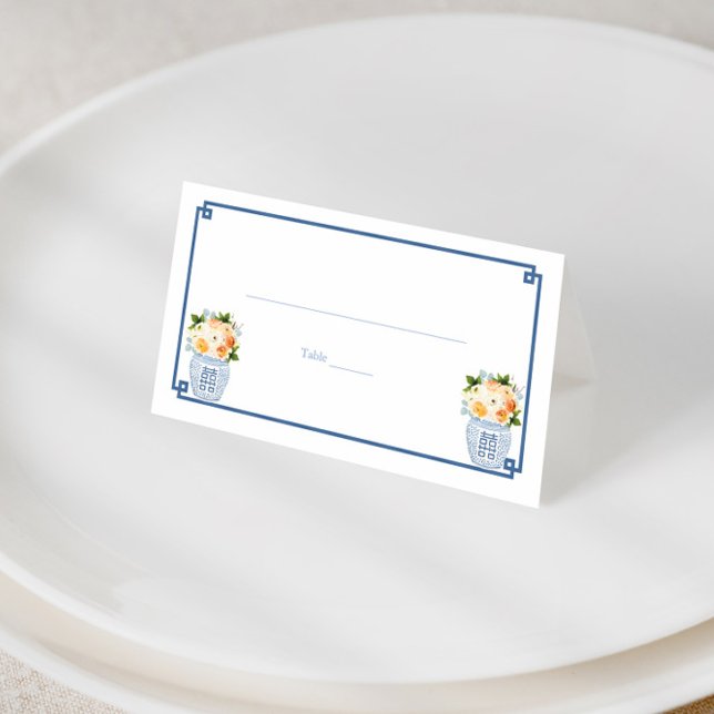 Carte De Placement Élégante Navy Blue Burnt Orange Mariage de automne (Fall flowers in blue and white ginger jar wedding shower place cards)