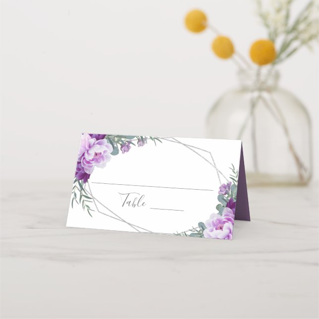 Carte De Placement Elégante Réception de mariage florale violet et ar (Devant)
