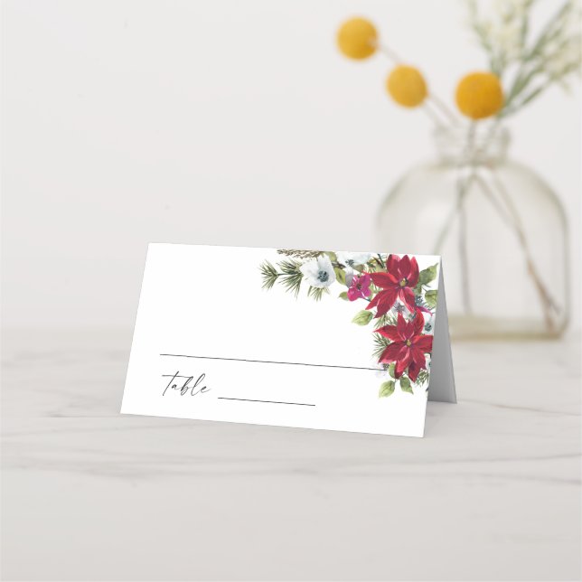Carte De Placement Élégante table de Mariage de Noël Rouge Poinsettia (Devant)