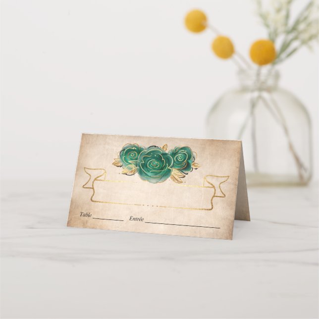 Carte De Placement Élégante Table Pliante Parchemin Vert Or Rose (Devant)