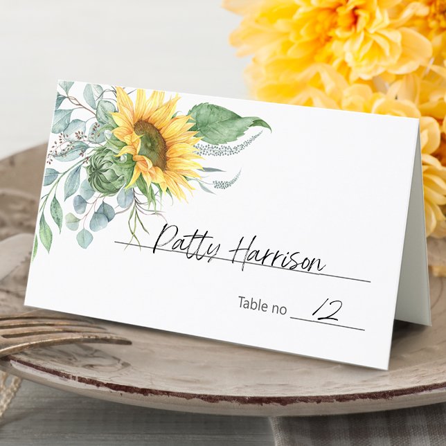 Carte De Placement Élégante verdure de tournesol eucalyptus (Elegant Sunflower Eucalyptus Greenery Place Card)