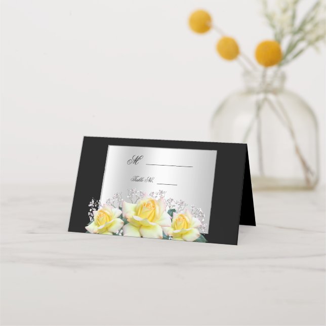 Carte De Placement Élégantes Roses Mariage Argenté Chic (Devant)