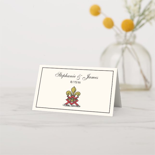 Carte De Placement Emblème Preppy Gold Red Heraldic Crest Fleur de Li (Devant)