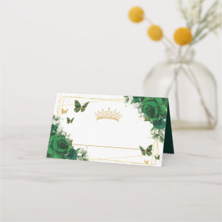 Carte De Placement Emerald GreeFloral Gold Butterflies Quinceañera 15