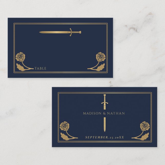 Carte De Placement Épée Royale Médiévale Bleue Or Mariage (Devant / Derrière)
