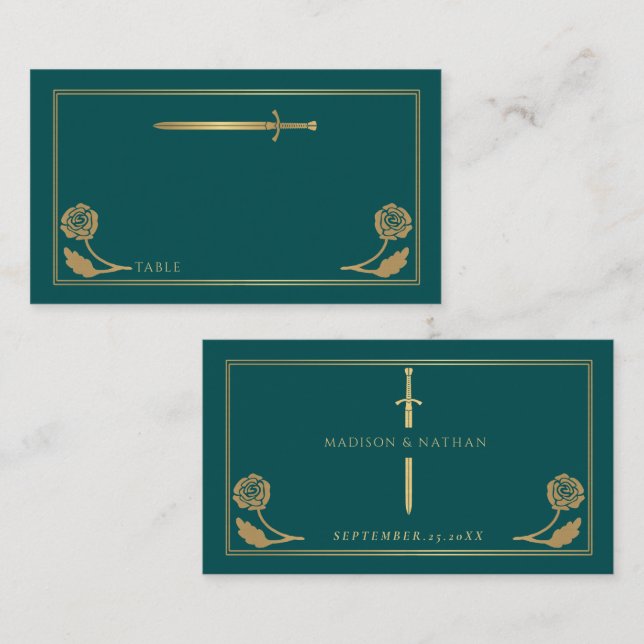 Carte De Placement Épée Royale Médiévale de Mariage Sarcelle Or (Devant / Derrière)