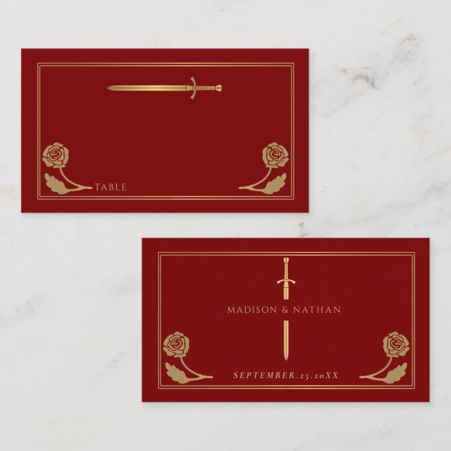 Carte De Placement Épée Royale Médiévale Écarlate Dorée Mariage (Devant / Derrière)