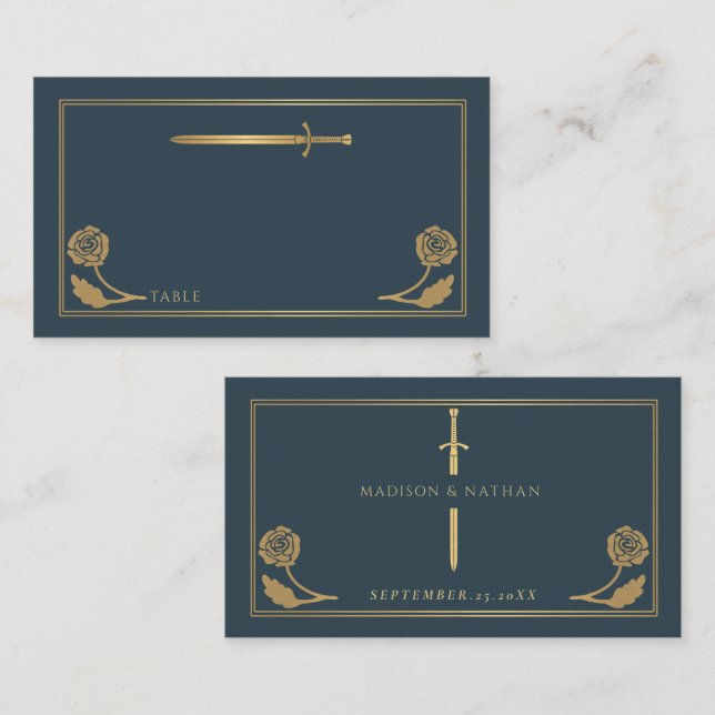 Carte De Placement Épée Royale Médiévale Grise Dorée Mariage (Devant / Derrière)