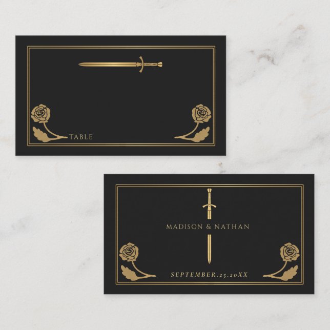 Carte De Placement Épée Royale Médiévale Noire Dorée Mariage (Devant / Derrière)