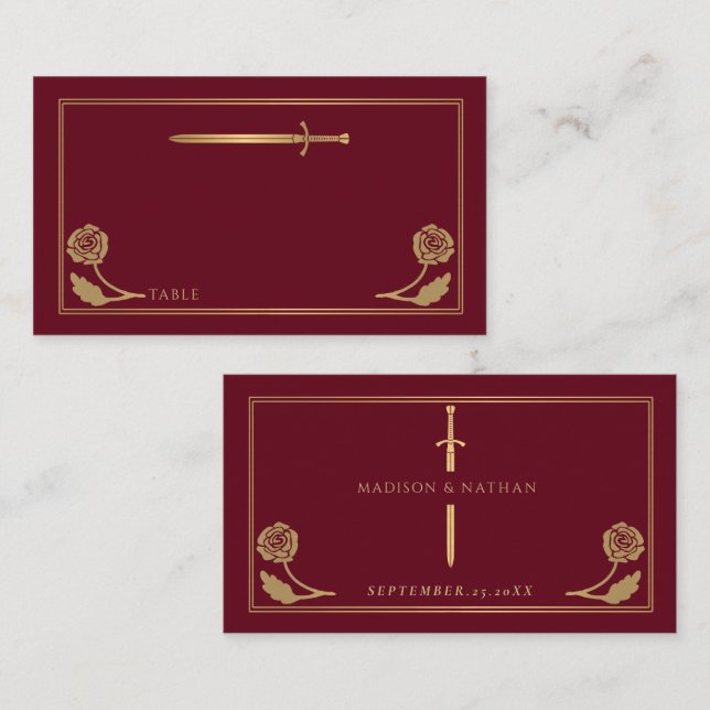 Carte De Placement Épée Royale Médiévale Rouge Or Mariage (Devant / Derrière)