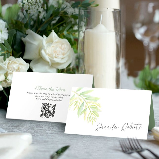 Carte De Placement Eucalyptus art vert mariage médias sociaux code QR (Créateur téléchargé)