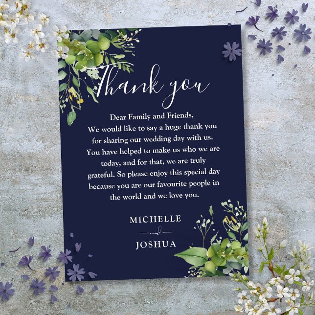 Carte De Placement Eucalyptus Vert Marine Mariage bleu Merci (Eucalyptus Greenery Navy Blue Wedding Thank You Place Card)
