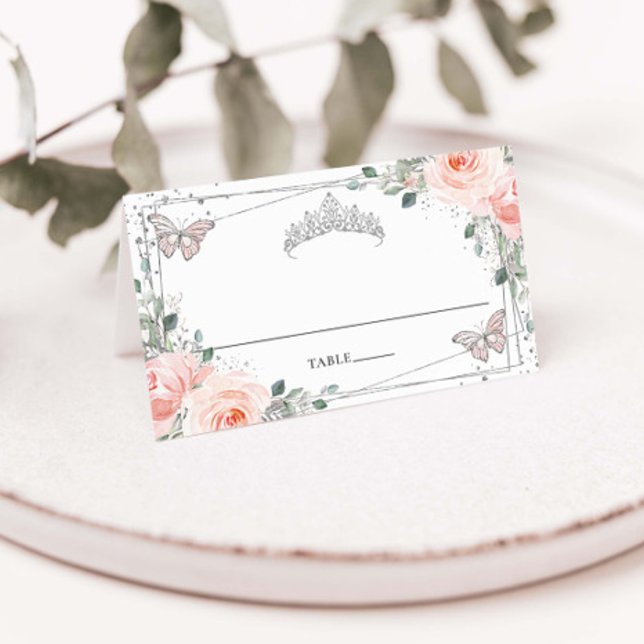 Carte De Placement Fard Floral Papillon Argent Quinceañera Anniversai (Créateur téléchargé)