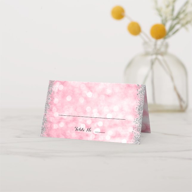 Carte De Placement Faux Parties scintillant rose Argent Lumières plié (Devant)