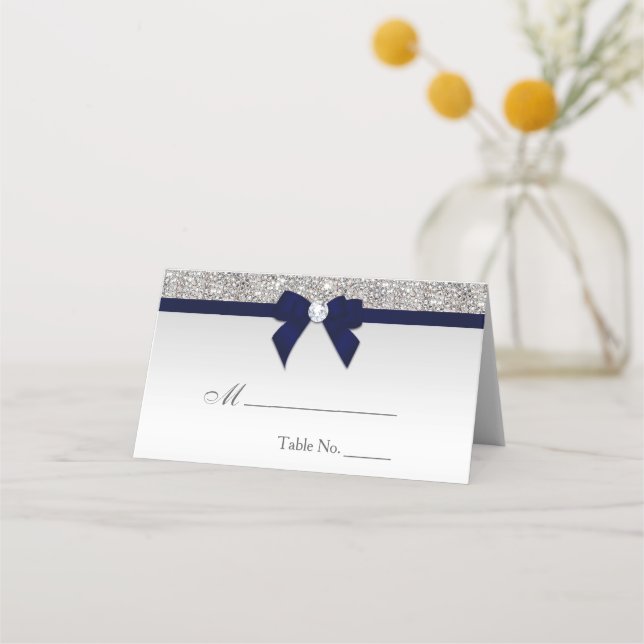 Carte De Placement Faux Silver Sequins Navy Bow Place Card (Devant)