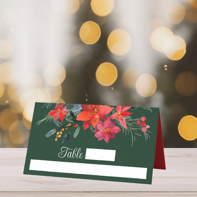 Carte De Placement Festive Green Holiday Poinsettia Mariage de Noël (Créateur téléchargé)