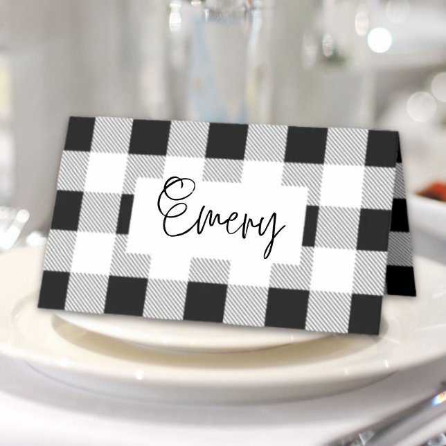 Carte De Placement fête de ferme rustique à carreaux noir et blanc bu (rustic farmhouse black white buffalo plaid party place card)