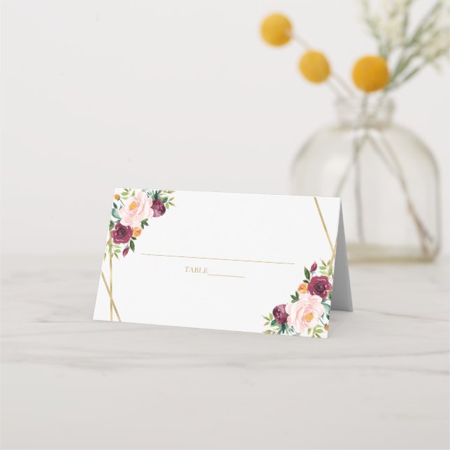 Carte De Placement Fête de mariage aquarelle bordeaux rose pivoine (Devant)