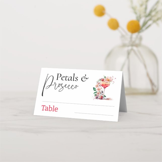 Carte De Placement Fête de Mariage Florale avec Prosecco et Pétales,  (Devant)