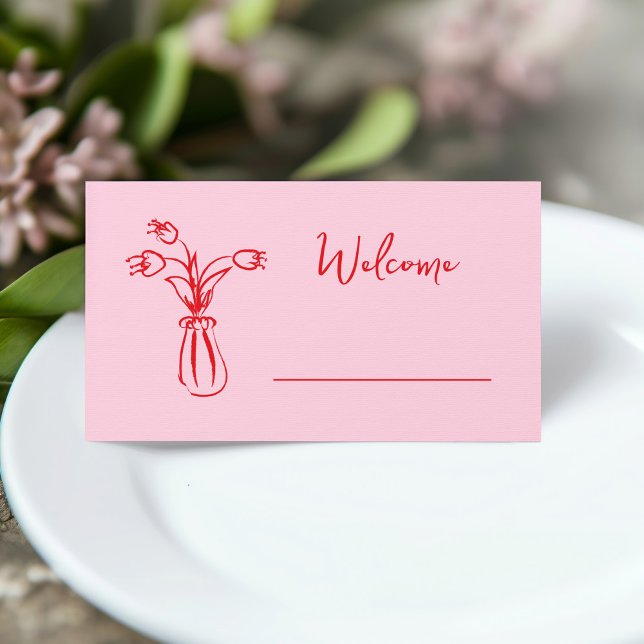 Carte De Placement Fête des mariées de gribouillis rose (pink and red hand drawn bridal shower place card with whimsical vase of flowers illustration)