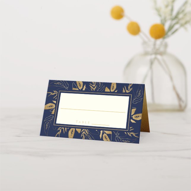 Carte De Placement Feuillage doré | Elegant Mariage bleu marine or (Devant)