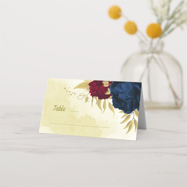 Carte De Placement feuille d'or des fleurs rouges de marine (Devant)