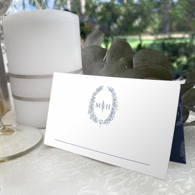 Carte De Placement Feuille ovale monogramme bleu mariage blanc (Créateur téléchargé)