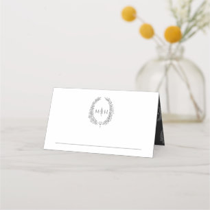 Carte De Placement Feuille ovale monogramme fusain gris mariage blanc