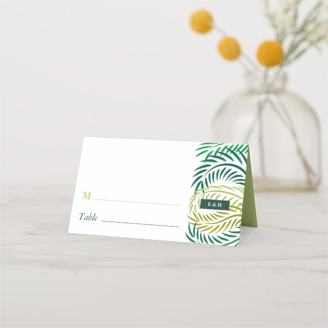 Carte De Placement Feuilles de palmiers tropicaux, Mariage de plage (Devant)
