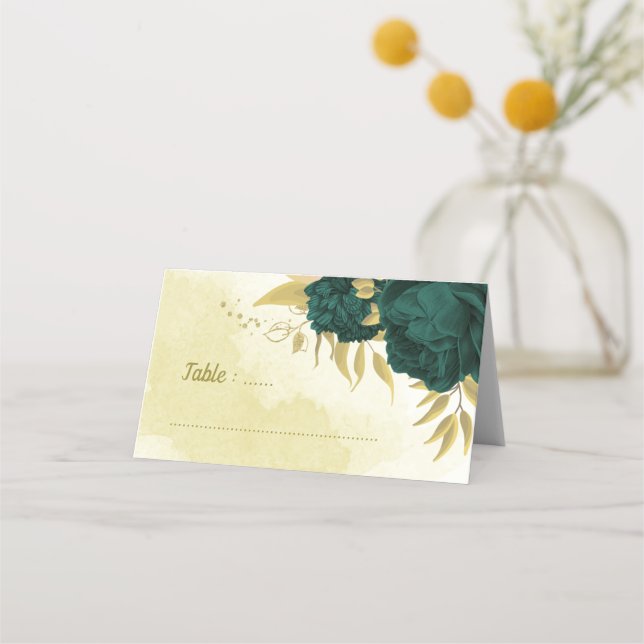 Carte De Placement Feuilles d'or aux fleurs vert émeraude (Devant)