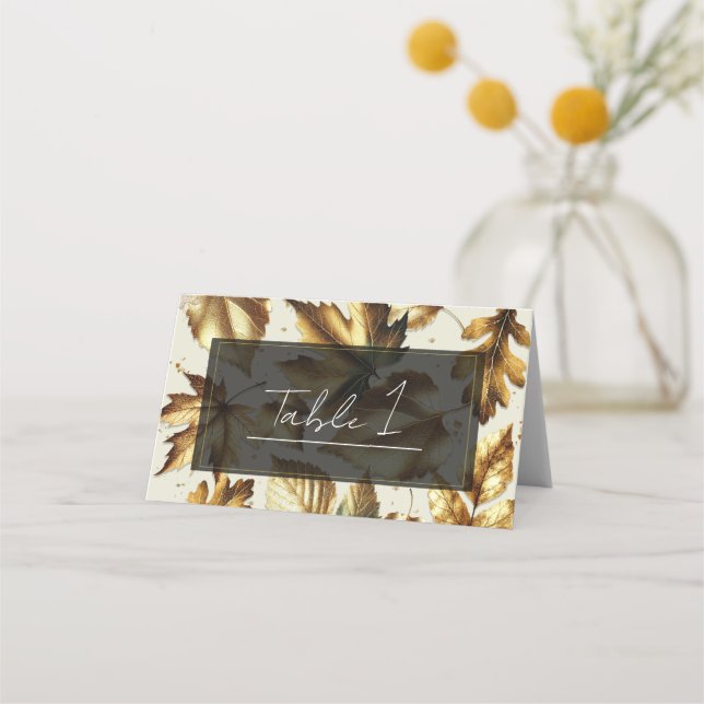 Carte De Placement Feuilles dorées Amande Beige & Noir Mariage d'auto (Devant)