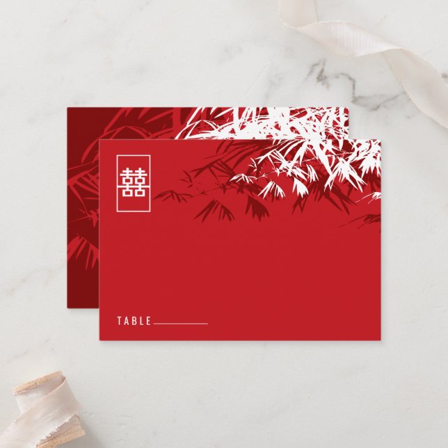 Carte De Placement Feuilles en bambou blanc rouge double Xi Mariage c (Devant/Arrière en situation)
