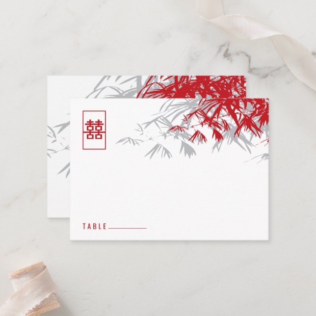 Carte De Placement Feuilles en bambou rouge double bonheur Mariage ch (Devant/Arrière en situation)