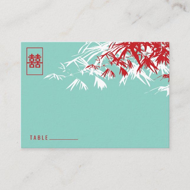 Carte De Placement Feuilles en bambou rouge double bonheur Mariage ch (Devant)